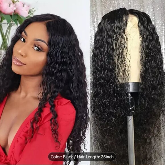 Humain Hair Front Wig Lace Women Brazilian Human Long Curly Wavy Hair Black 26